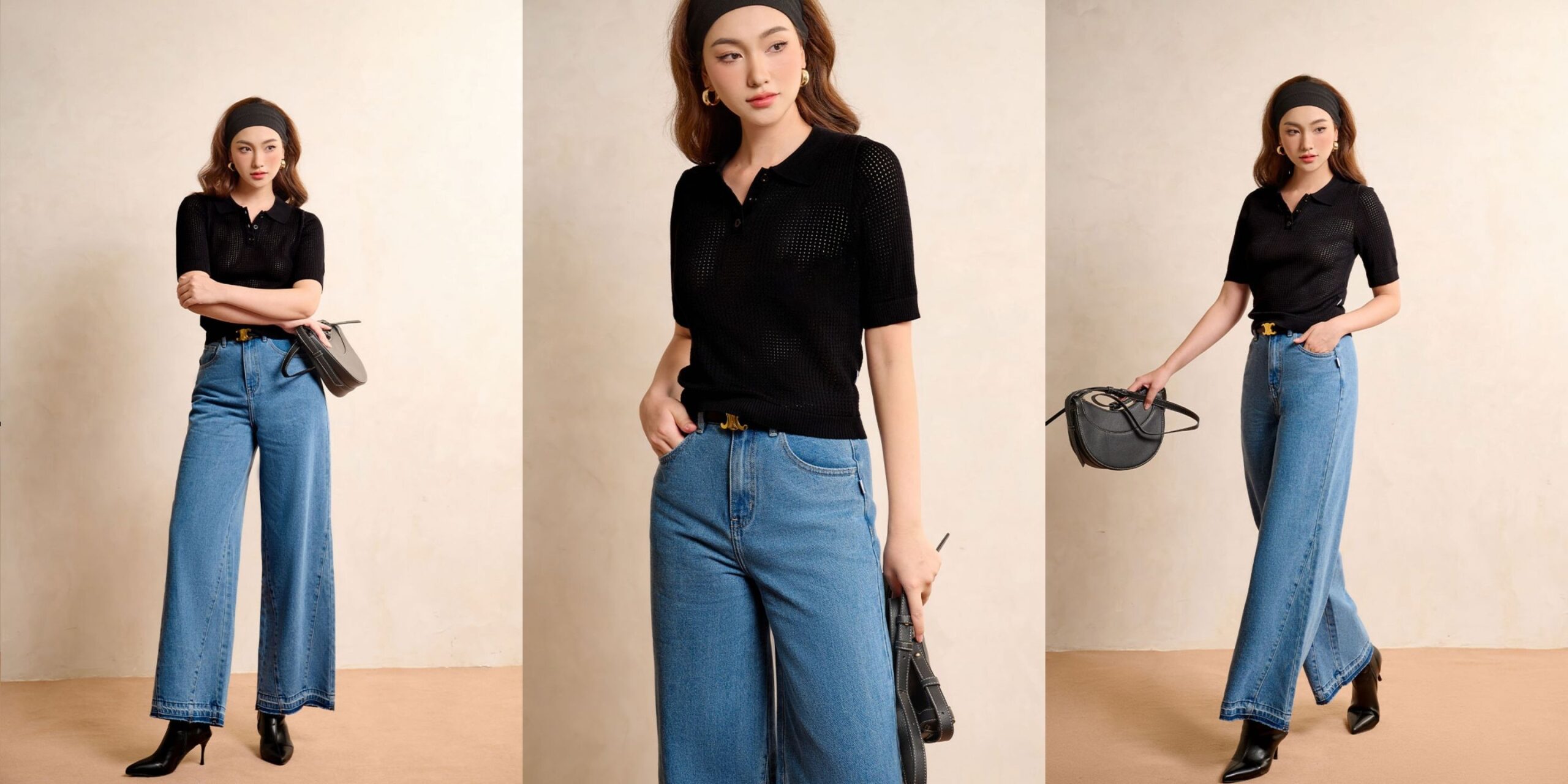 Cách phối quần jean ống rộng cho người lùn hack dáng