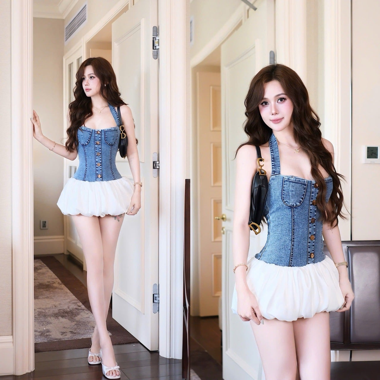 Váy yếm jean phối với áo thun