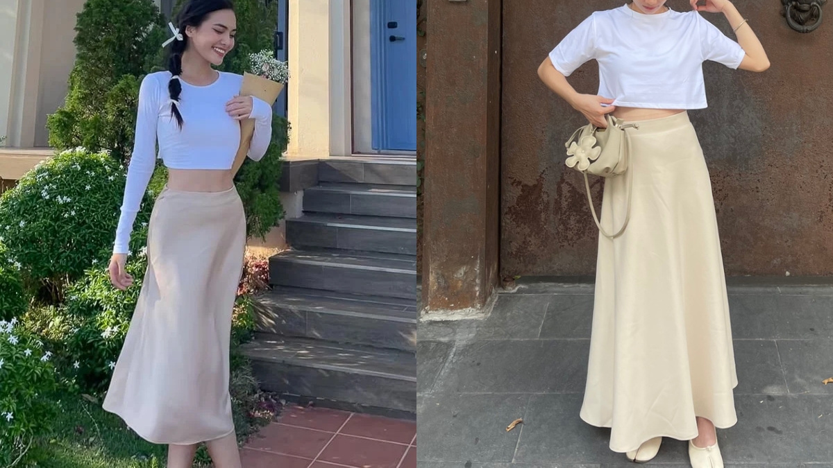 Chân váy satin mặc với áo len