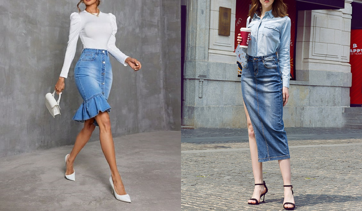 Phối đồ công sở với chân váy jean dài