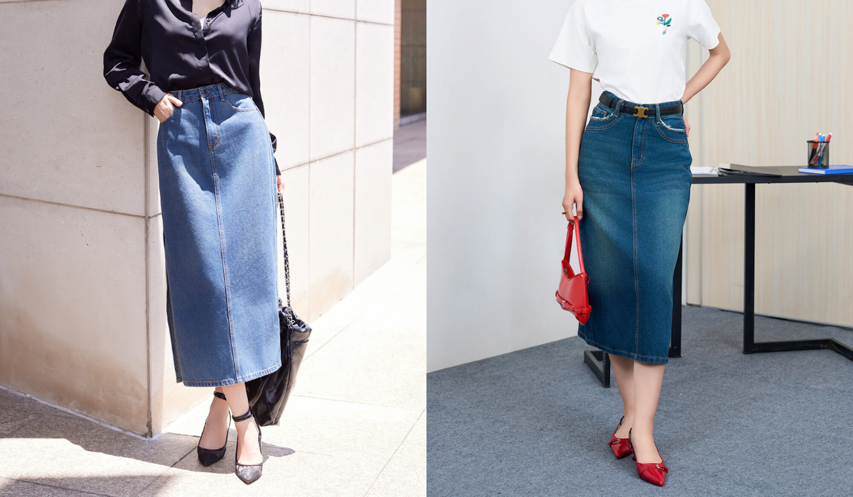 Chân váy jean dài phối với giày gì cho nữ tính
