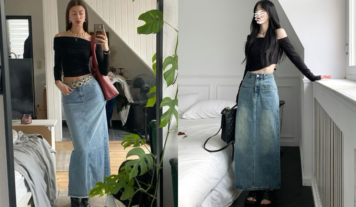 phối đồ với chân váy jean dài xẻ tà