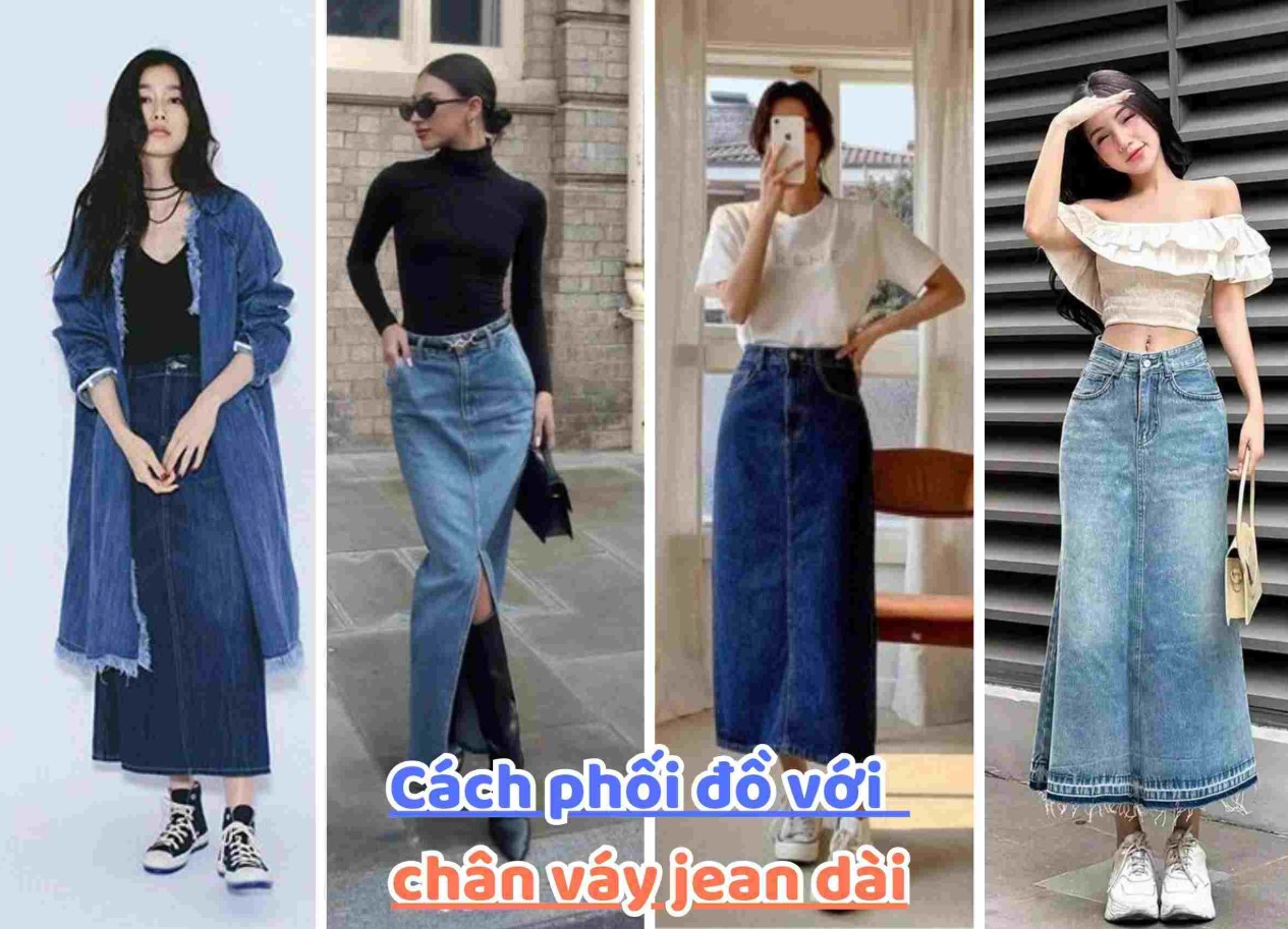 Chân váy jean dài qua gối mặc với áo gì? 15+ cách phối đồ 1 chân váy jean dài qua gối mặc với áo gì