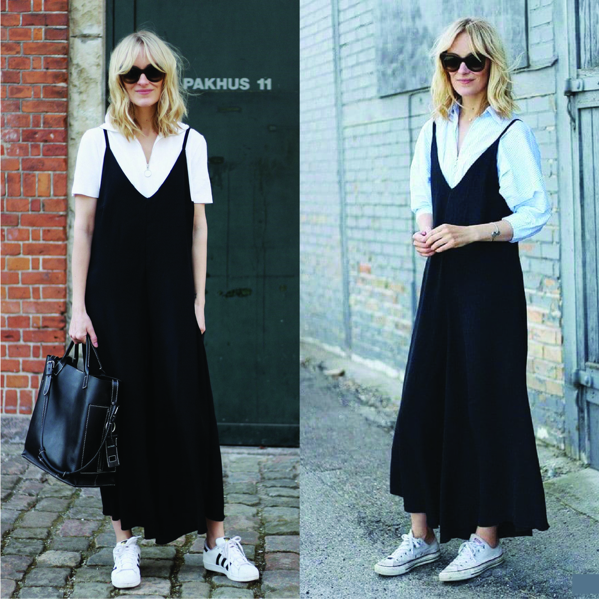 Phối váy 2 dây với áo sơ mi