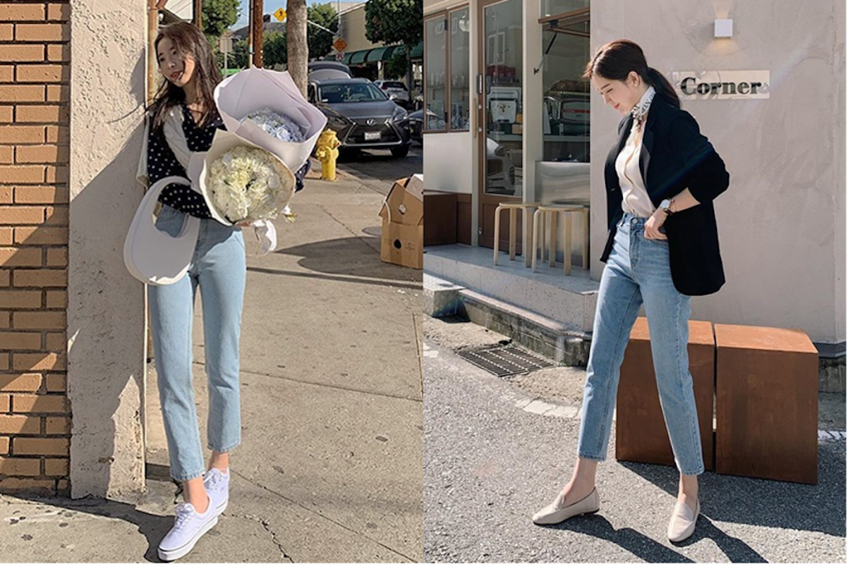 Quần jean ống rộng đi giày loafer thanh lịch