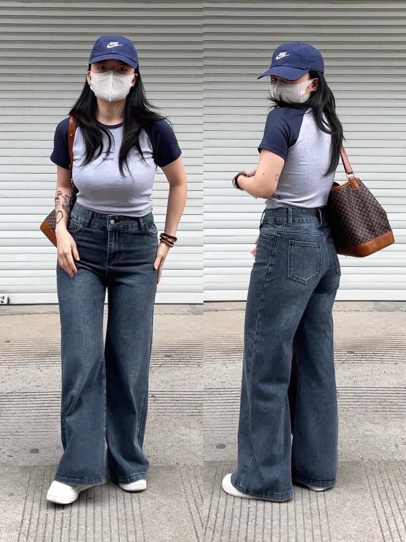 Cách phối quần ống suông cho người lùn với áo thun trắng.