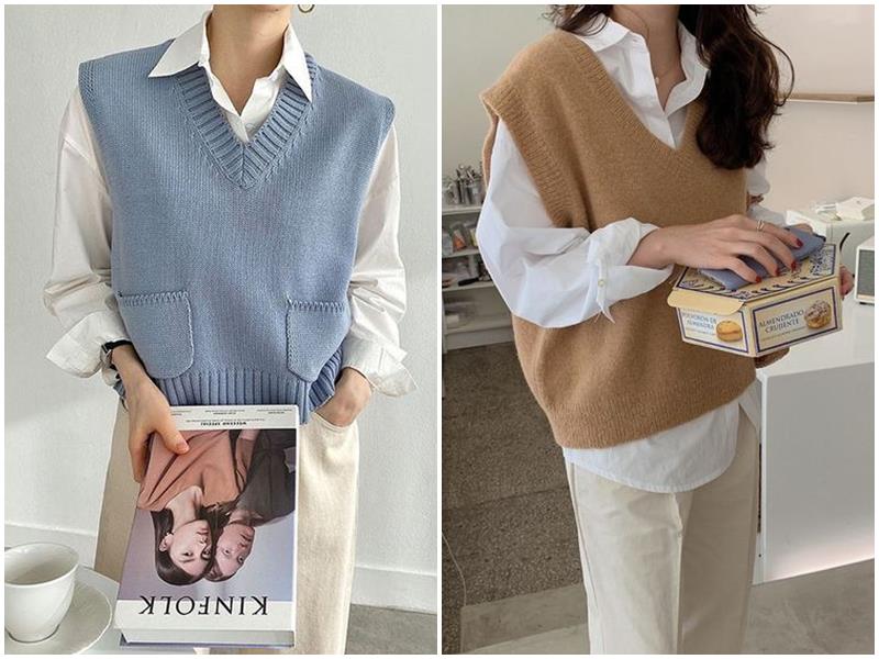 Áo len cổ tròn phối sơ mi