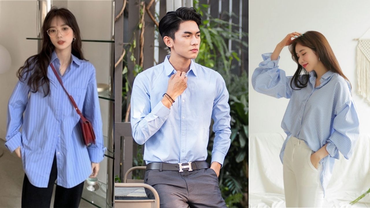 Áo sơ mi xanh dương mặc với quần màu be