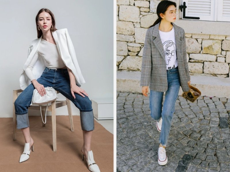 phối áo vest với quần jean nữ