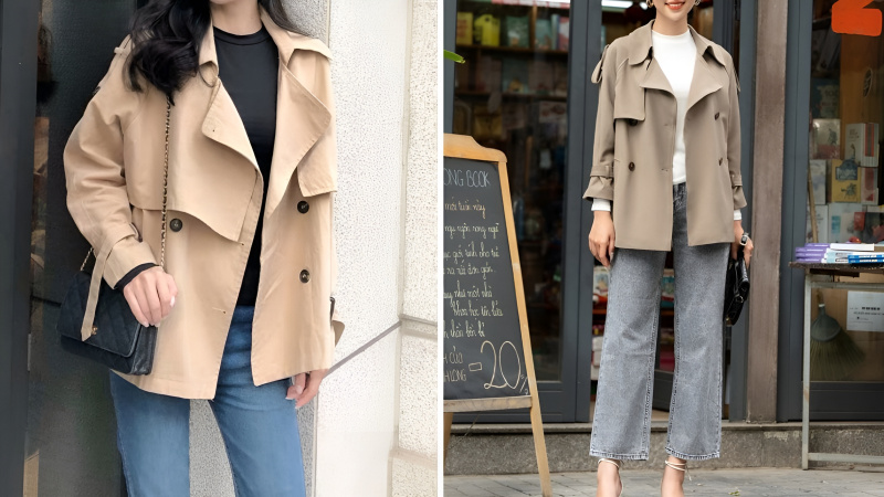 Mẫu áo măng tô nữ ngắn họa tiết caro