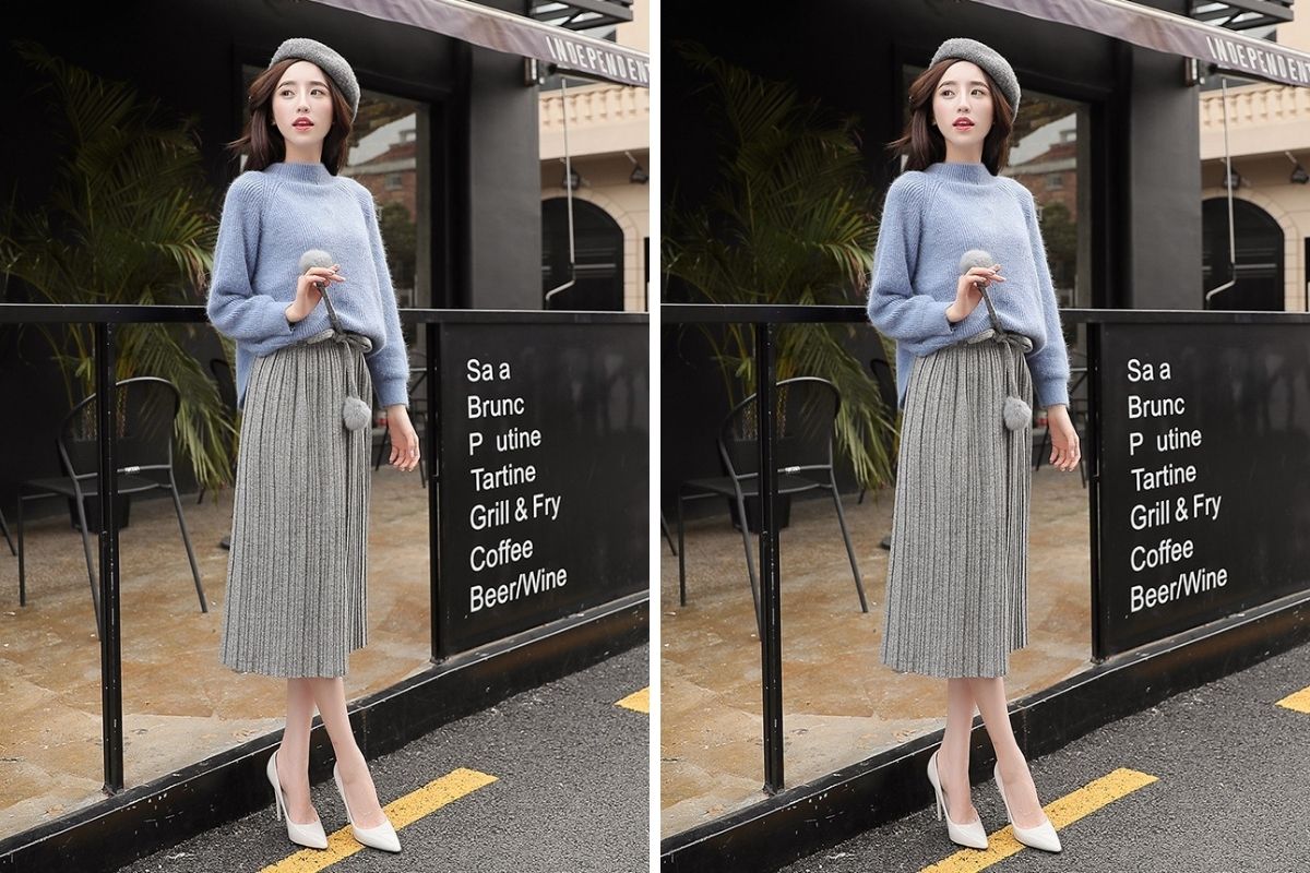 Bật mí cách phối đồ với chân váy xếp ly dài hack dáng 3 Phối đồ với chân váy xếp ly dài mùa đông