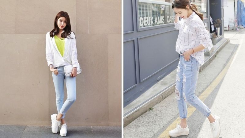cách phối đồ với giày thể thao trắng nữ công sở