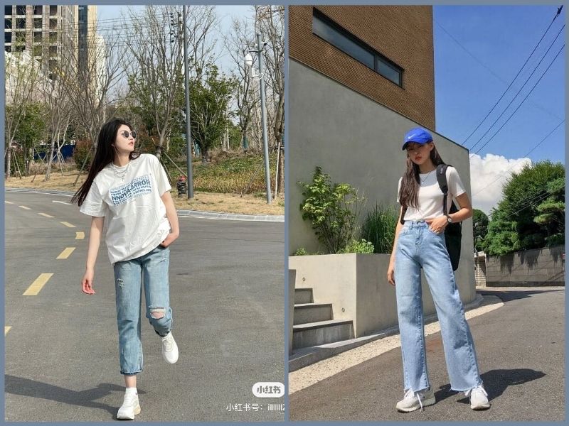 outfit chân váy jean giày sneaker trắng