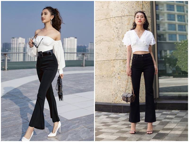 Phối quần ống loe đen với áo blazer