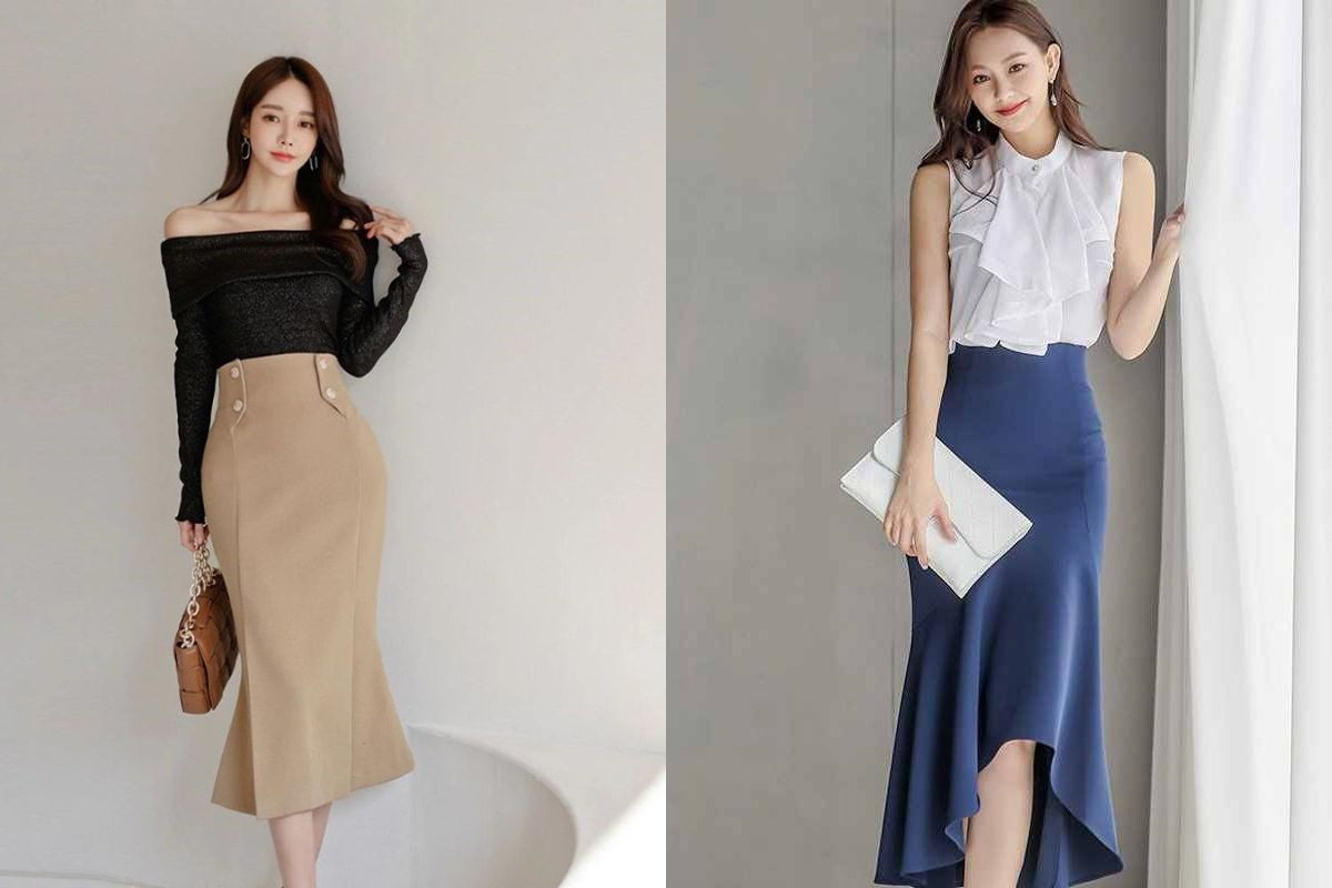 Chân váy đuôi cá dáng dài phối với áo gì