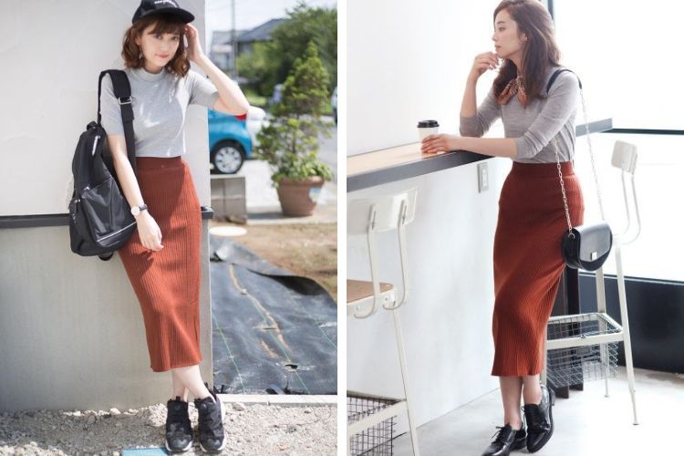 Chân váy len mặc với áo thun dài tay