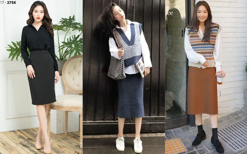 Phối chân váy len body với áo sơ mi