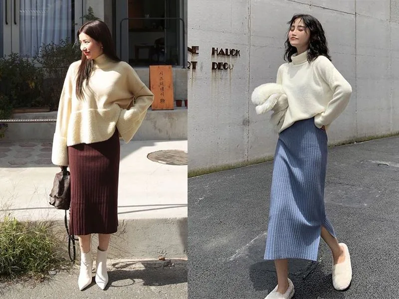 Chân váy len dài mặc với áo gì