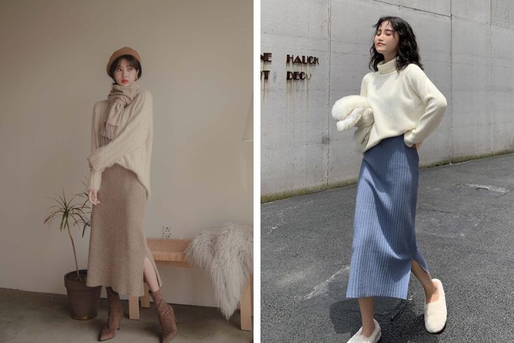 Mix chân váy len xẻ tà với áo lệch vai