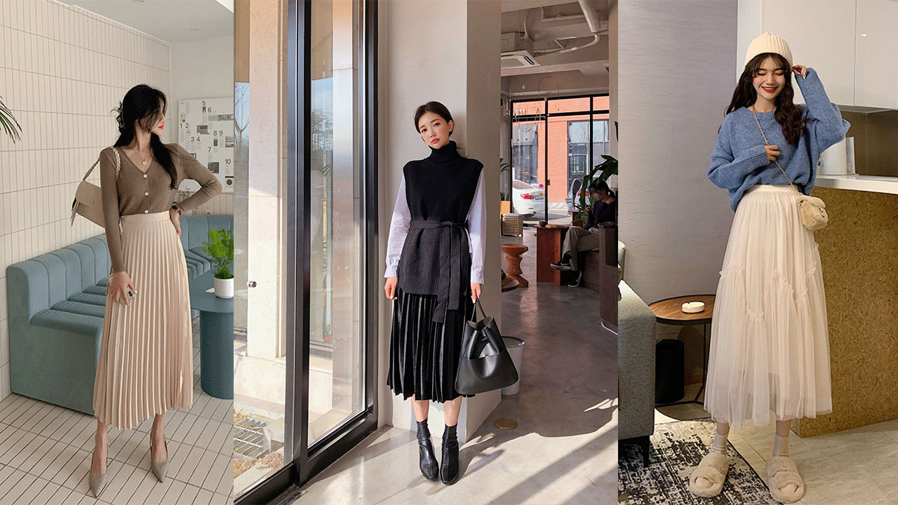 phối đồ với chân váy xếp ly dài mùa đông