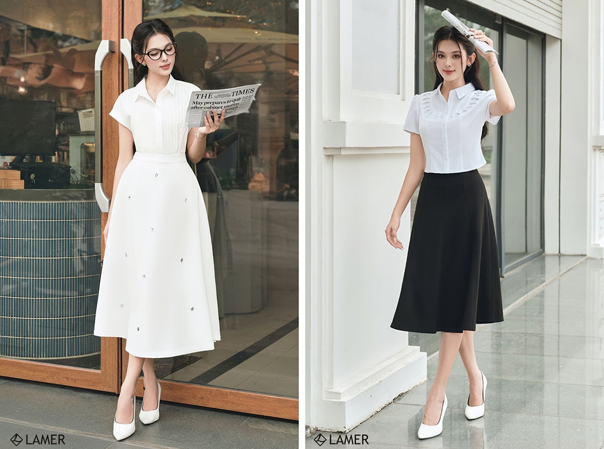 Phối đồ với chân váy xòe dài đen và áo trắng