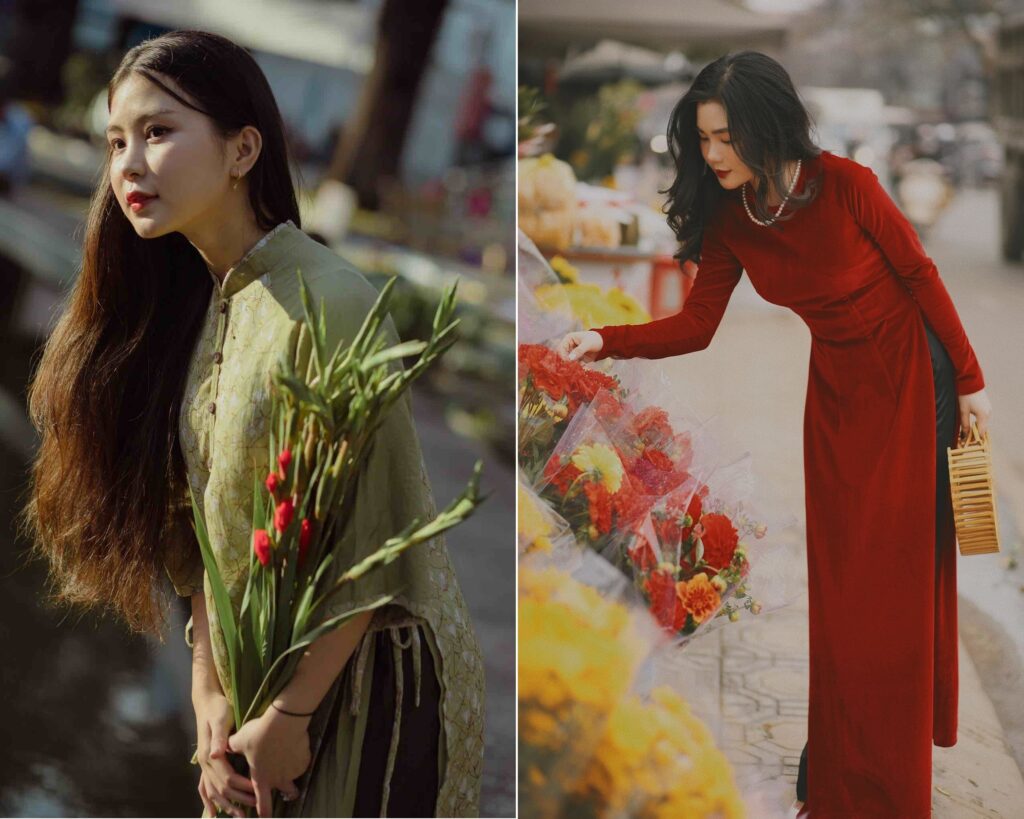 tạo dáng chụp ảnh áo dài với hoa