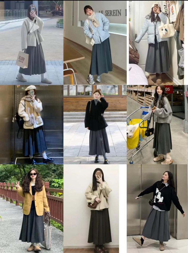 cách phối đồ với chân váy xòe dài mùa đông
