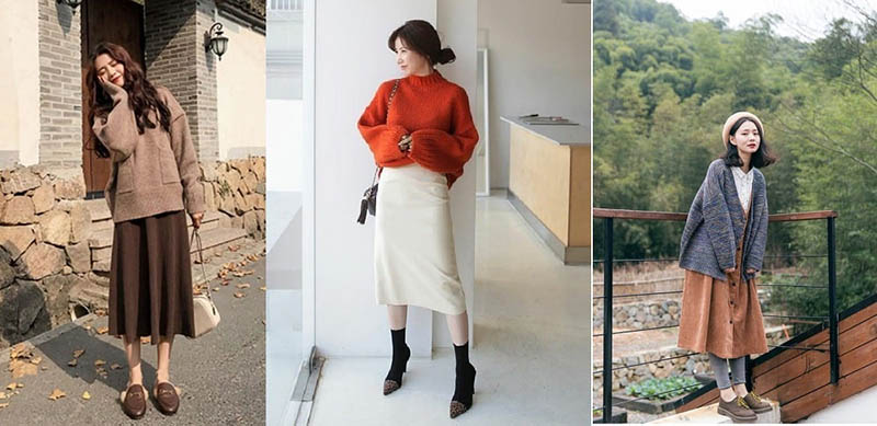 Mix áo len với chân váy dài