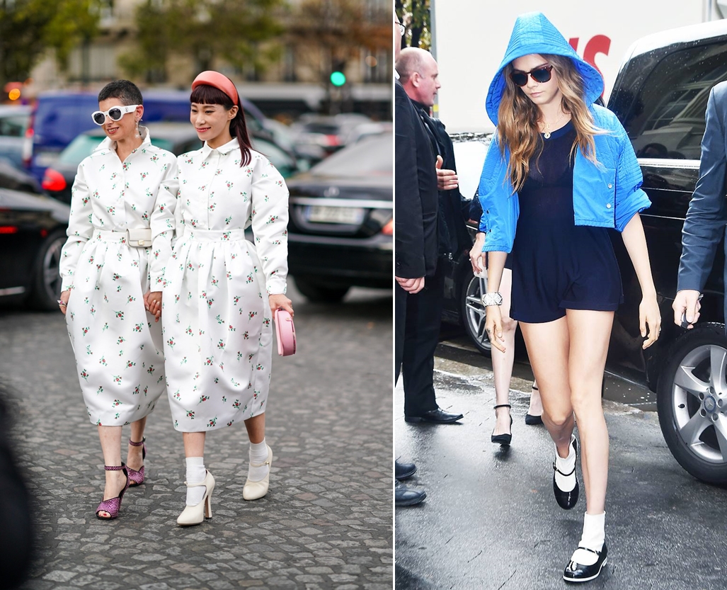 giày mary jane phối đồ với tất trắng