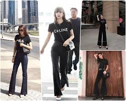 Quần ống loe đen phối với áo trễ vai