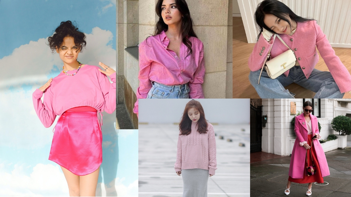 Áo hồng phối với quần màu be nữ