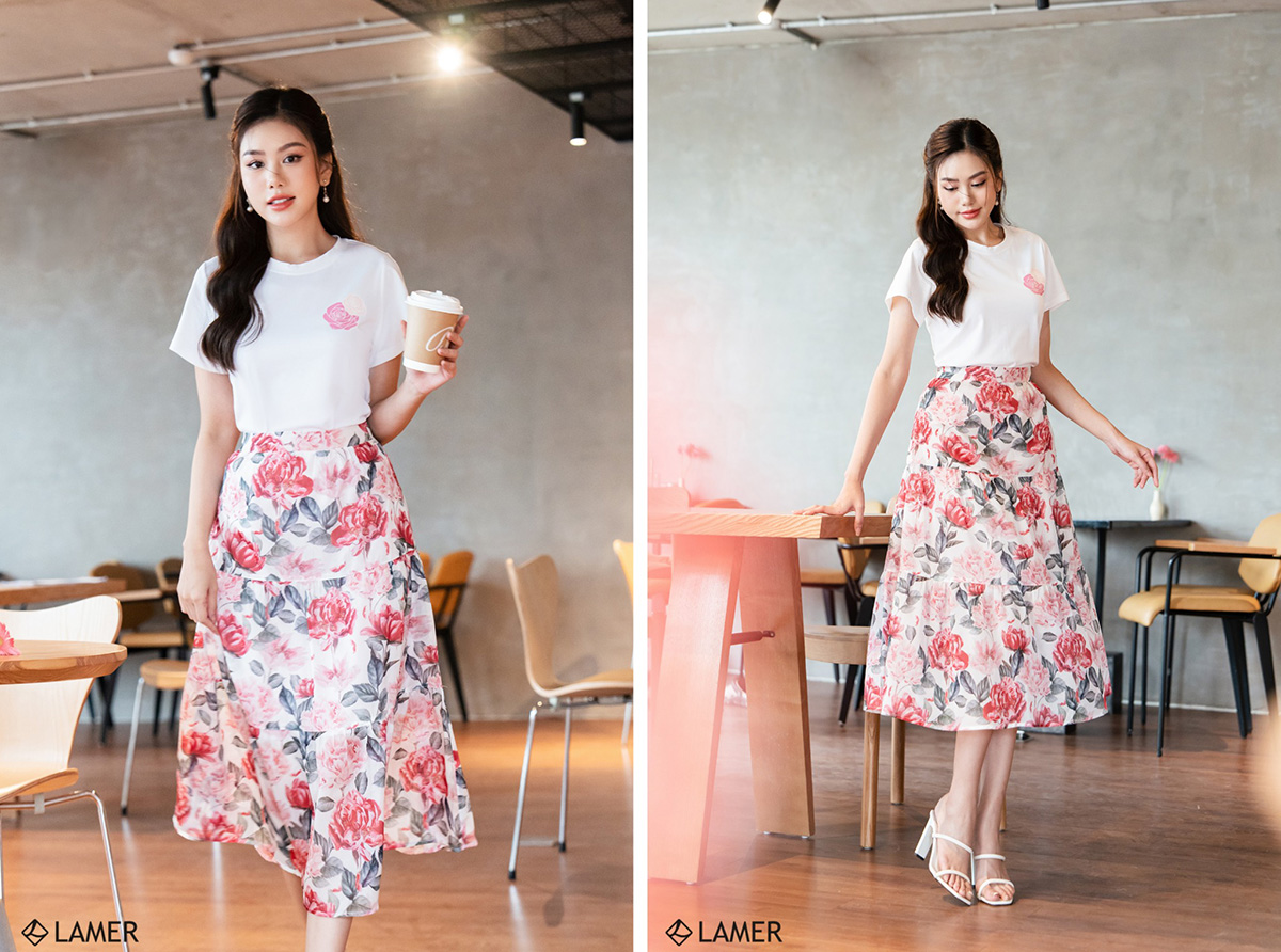 15+ Cách Phối Đồ Với Chân Váy Hoa Xòe Sành Điệu Hack Dáng 1 Phối chân váy hoa xòe với áo thun