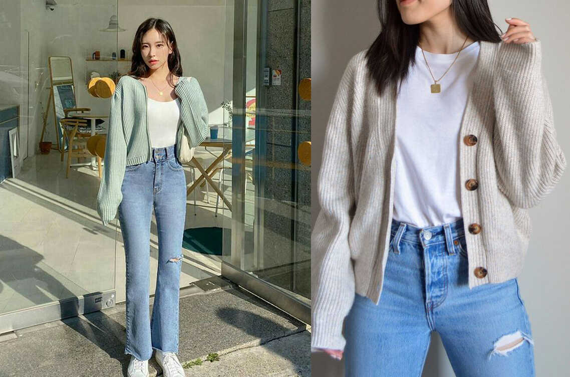 phối đồ với áo len cardigan ngắn và quần jeans