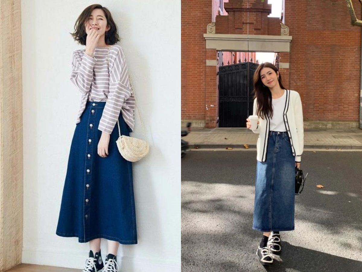 phối đồ với chân váy jean dài mùa đông
