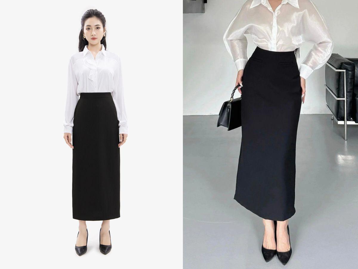 phối đồ với chân váy ôm dài và áo thun