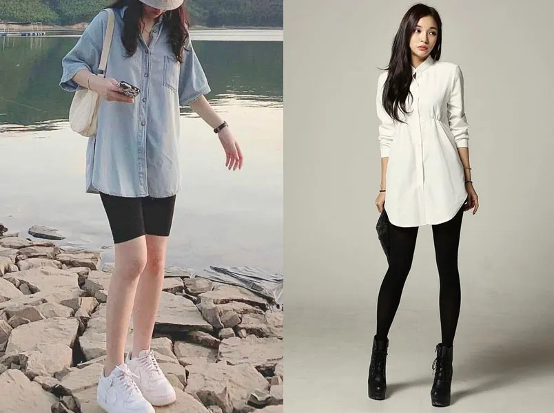 Quần legging phối áo sơ mi layer