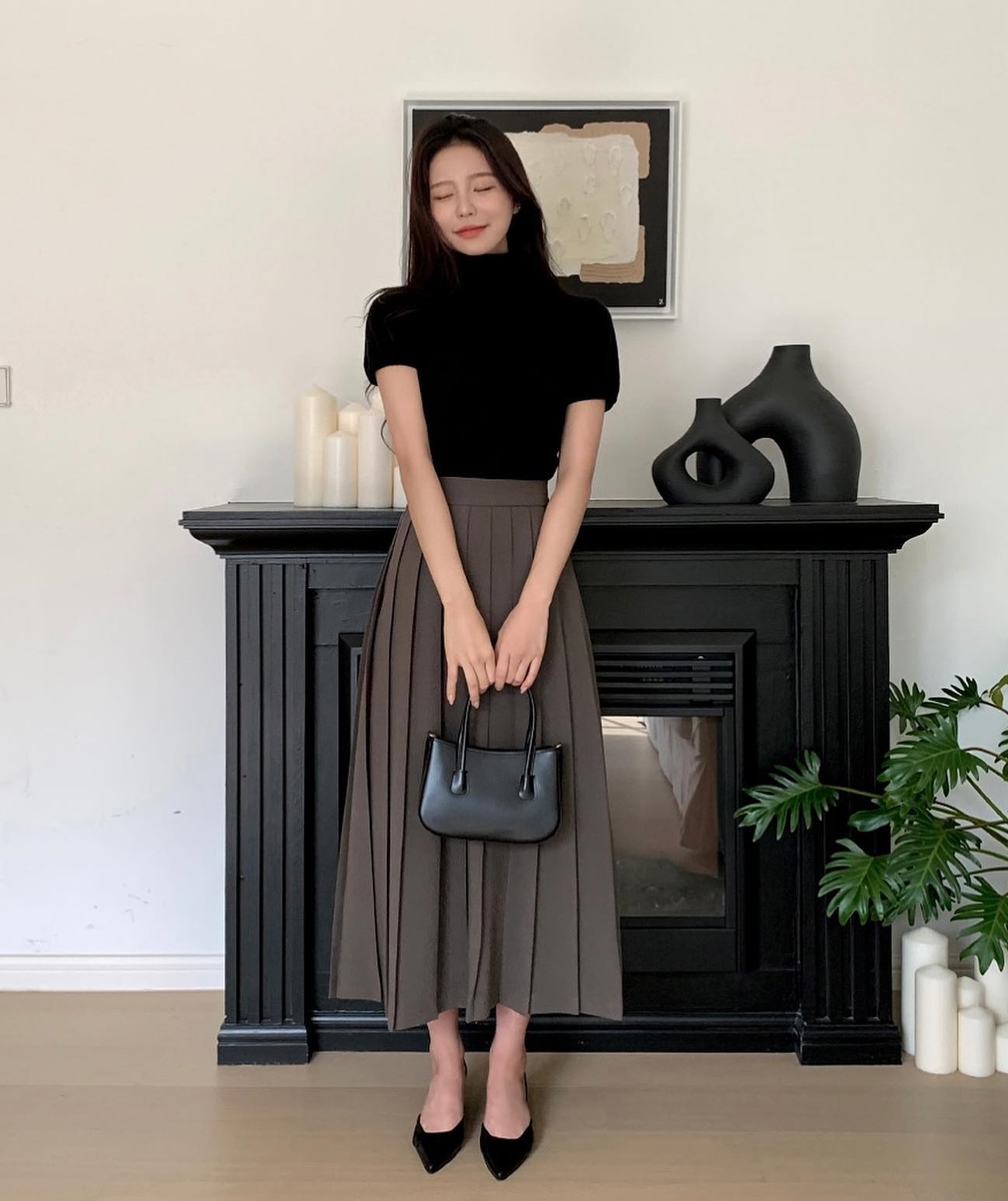 Mix áo len cardigan với chân váy dài