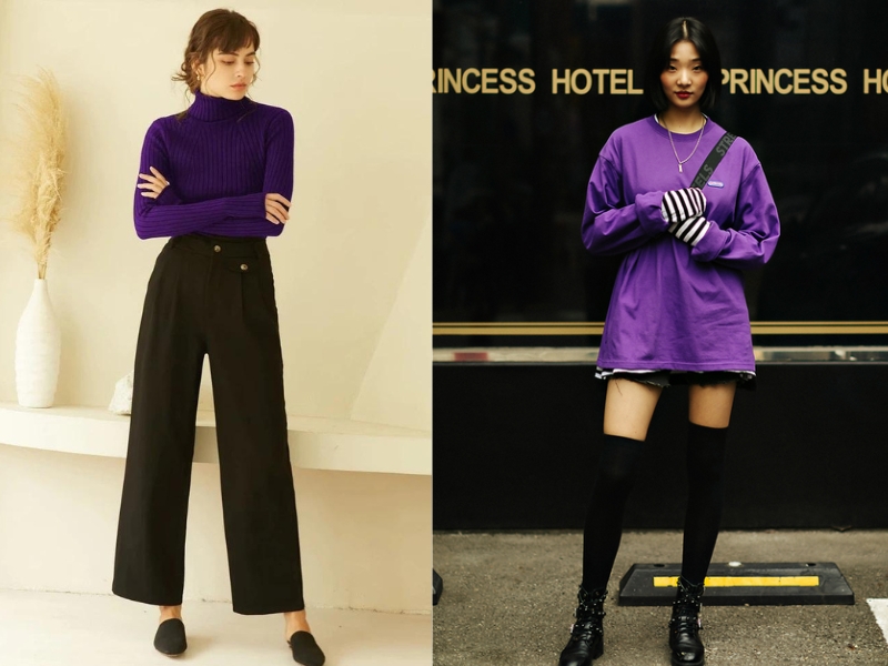 phối đồ đen với áo màu be