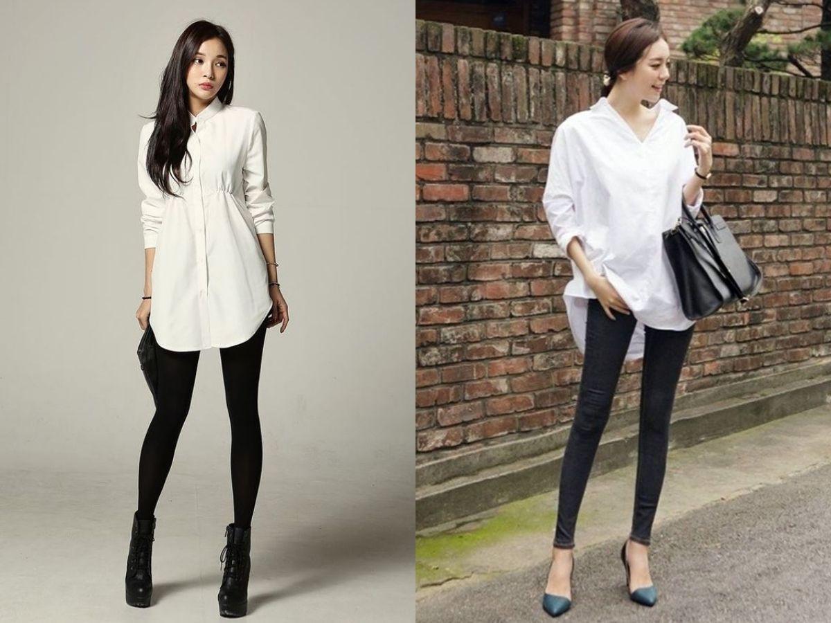 Phối quần legging với áo sơ mi trắng