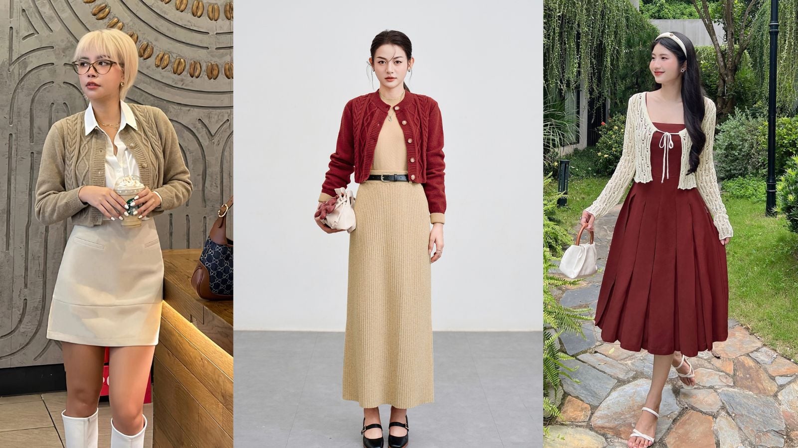 phối áo cardigan ngắn với váy hai dây