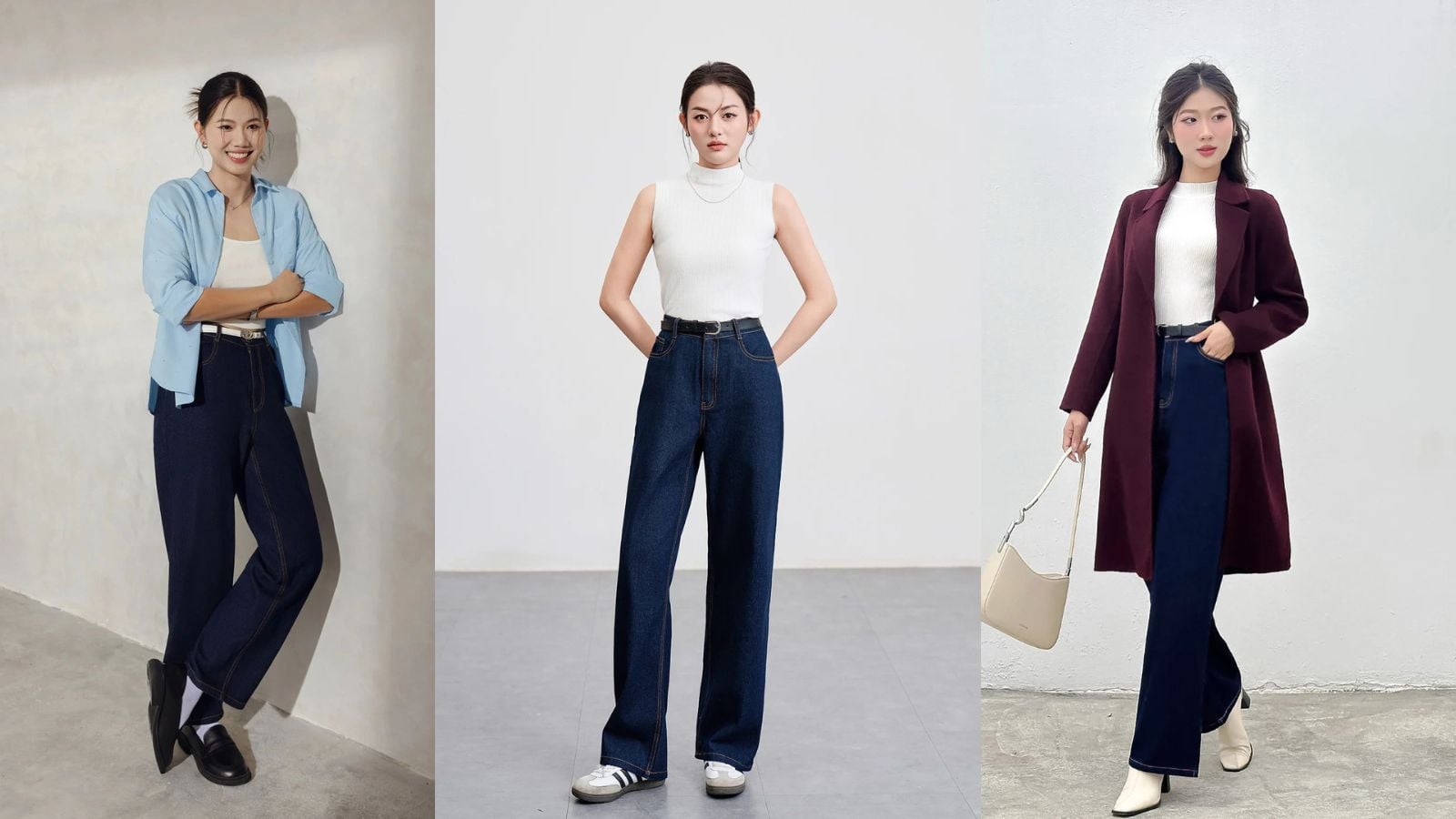 cách phối đồ với quần jean ống rộng hack dáng