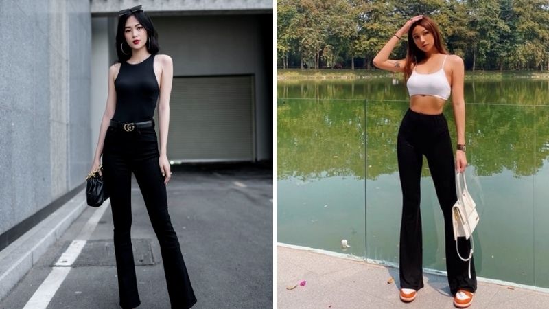 Quần ống loe đen phối với áo thun