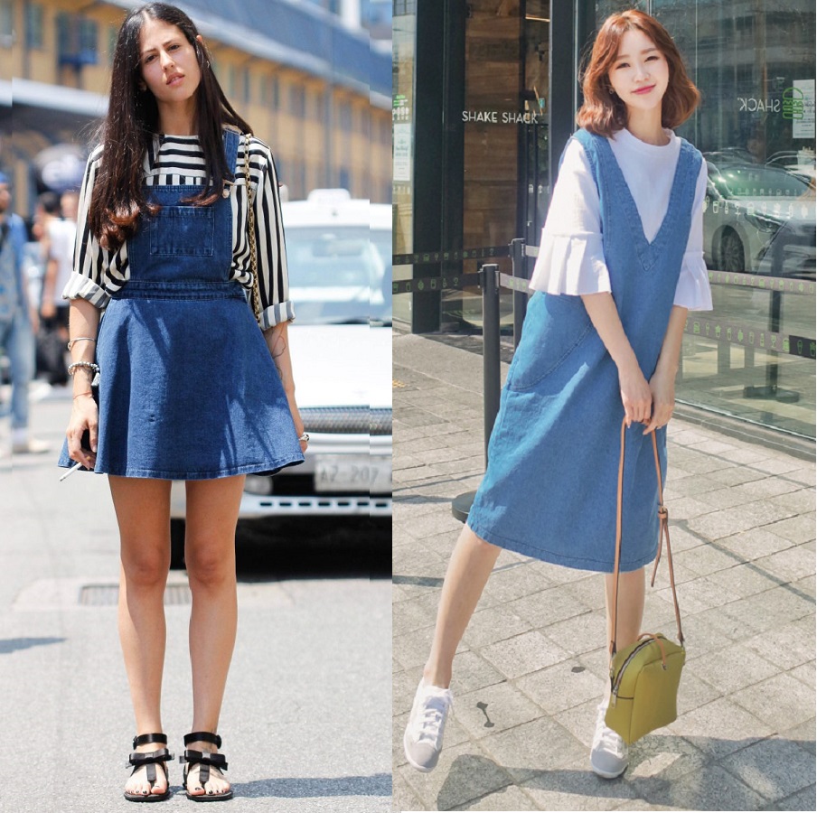 Váy yếm jean phối với áo sơ mi