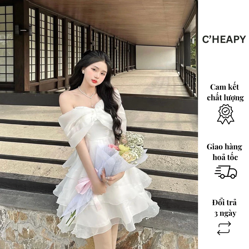 Đầm Công Chúa Trễ Vai Voan Lưới 3 Lớp Cao Cấp, Tinh Khôi 16 Đầm công chúa trễ vai màu trắng tinh khôi