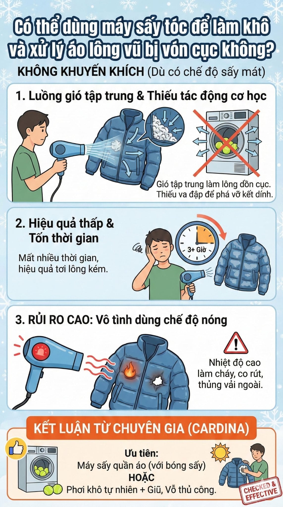 Sử dụng máy sấy để xử lý áo lông vũ bị vón cục