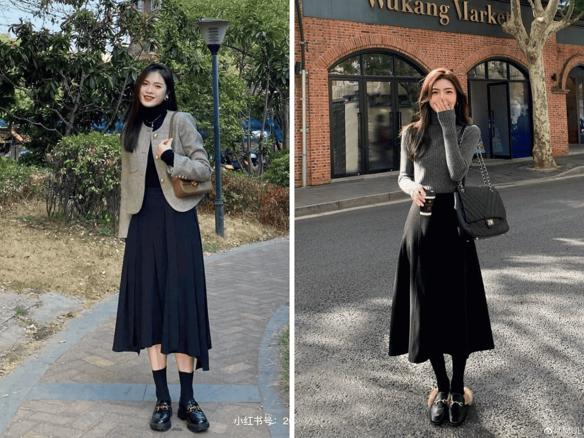 Phối đồ đông nữ Hàn Quốc với áo len và chân váy