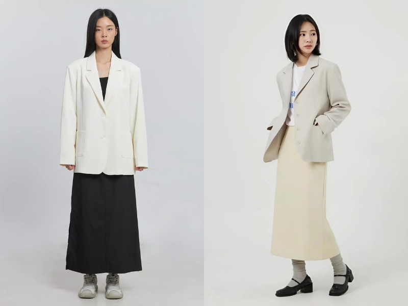 Phối đồ với chân váy dài chữ a cho người béo bụng