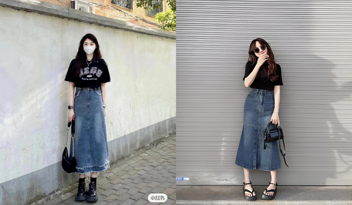 Cách phối đồ với chân váy bò dài đơn giản