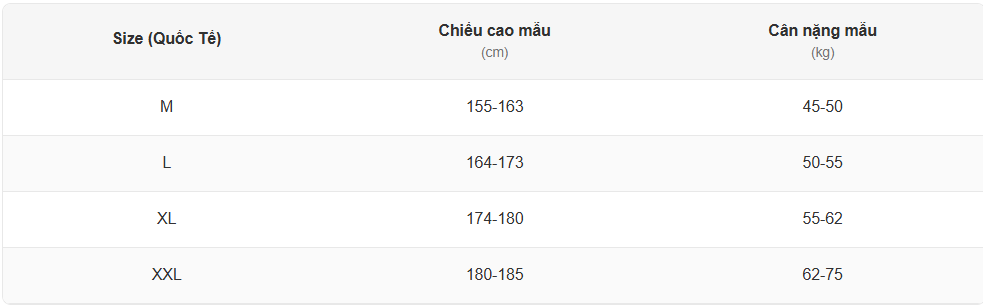 Bảng size áo cho nữ 45kg