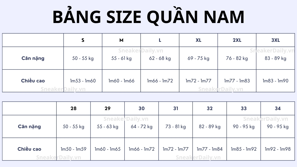 80kg Mặc Quần Size Gì? Bảng Size Chuẩn & Mẹo Chọn Đồ 1 Bảng size quần cho người 80kg
